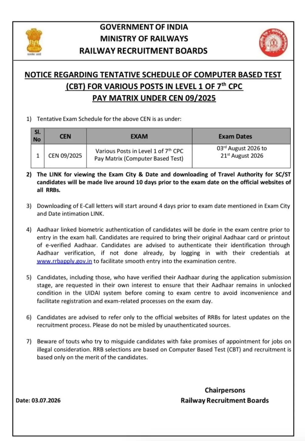 RRB Group D Exam Date 2026 Official Schedule Screenshot
